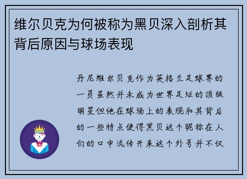 维尔贝克为何被称为黑贝深入剖析其背后原因与球场表现